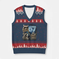 Funny 67 Raccoon Meme V-Neck Knit Sweater Vest Howling at The Moon Funny Six Seven Weird Cursed - Wonder Print Shop