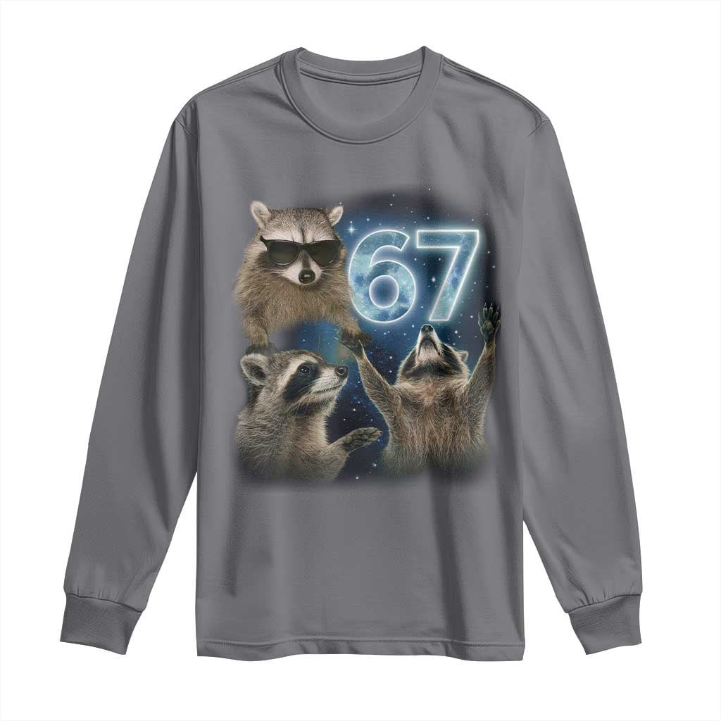 Funny 67 Raccoon Meme Long Sleeve Shirt Howling at The Moon Funny Six Seven Weird Cursed - Wonder Print Shop