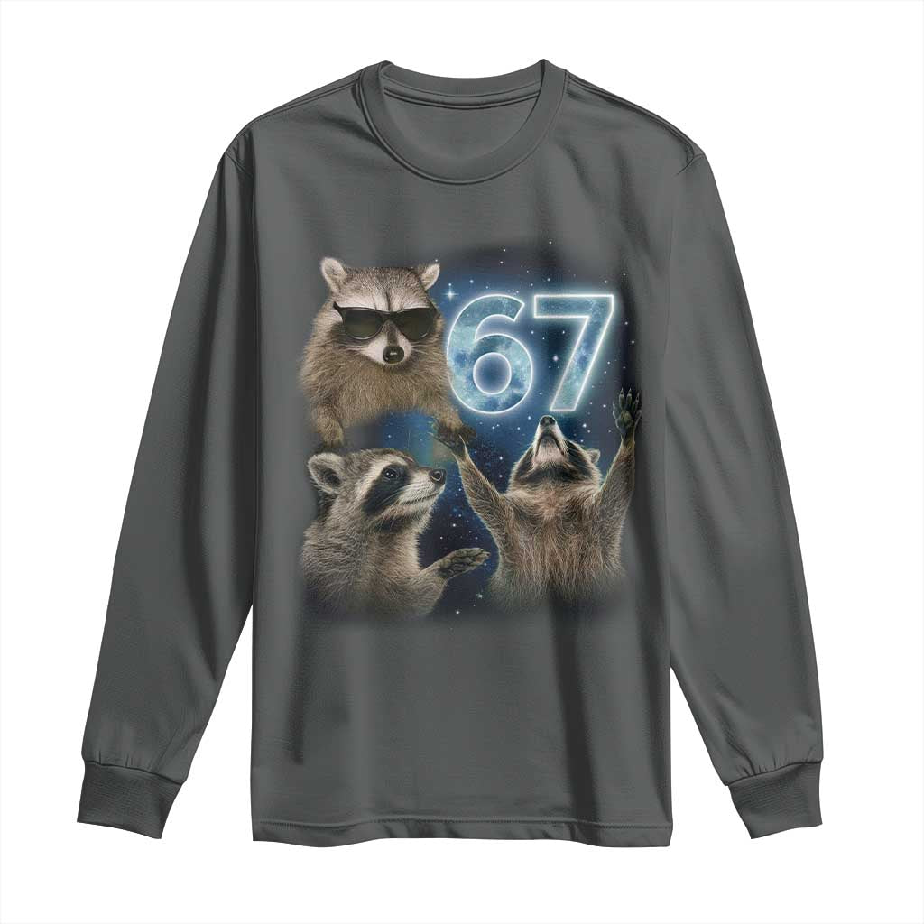 Funny 67 Raccoon Meme Long Sleeve Shirt Howling at The Moon Funny Six Seven Weird Cursed - Wonder Print Shop
