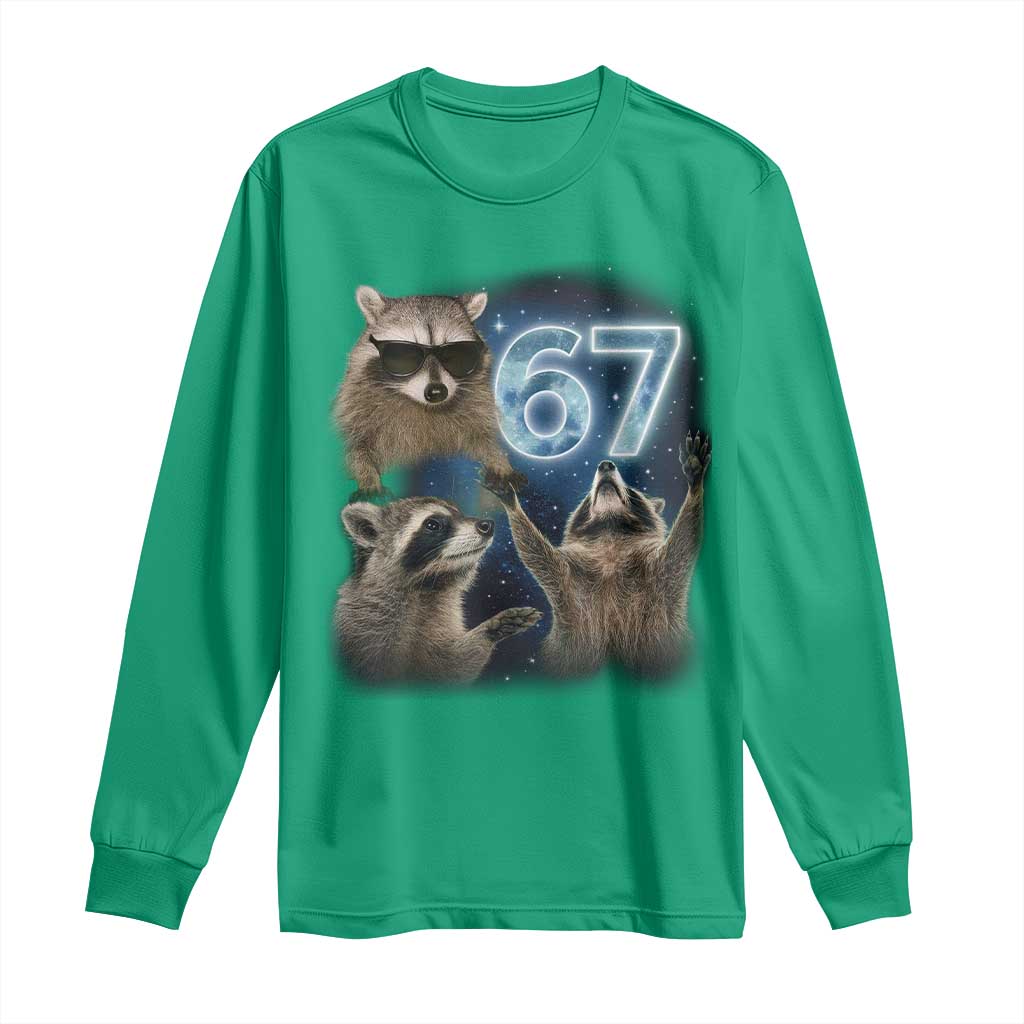 Funny 67 Raccoon Meme Long Sleeve Shirt Howling at The Moon Funny Six Seven Weird Cursed - Wonder Print Shop