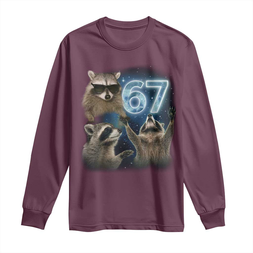 Funny 67 Raccoon Meme Long Sleeve Shirt Howling at The Moon Funny Six Seven Weird Cursed - Wonder Print Shop
