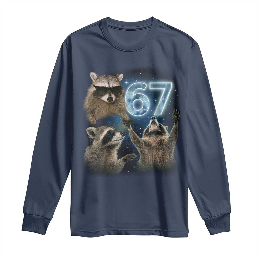 Funny 67 Raccoon Meme Long Sleeve Shirt Howling at The Moon Funny Six Seven Weird Cursed - Wonder Print Shop
