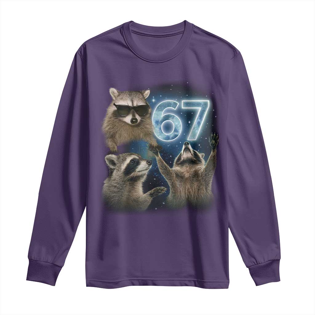 Funny 67 Raccoon Meme Long Sleeve Shirt Howling at The Moon Funny Six Seven Weird Cursed - Wonder Print Shop