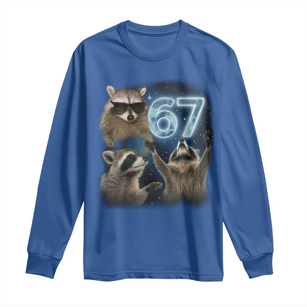 Funny 67 Raccoon Meme Long Sleeve Shirt Howling at The Moon Funny Six Seven Weird Cursed - Wonder Print Shop