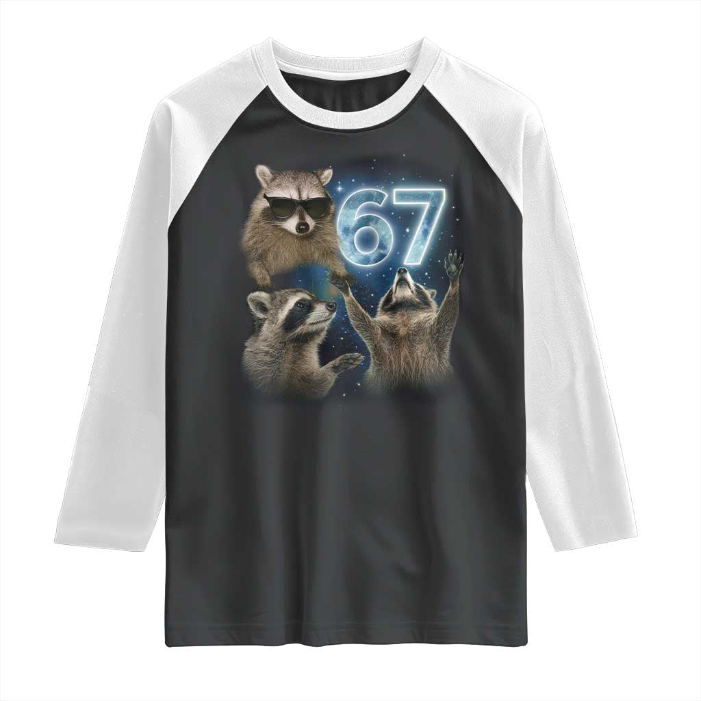 Funny 67 Raccoon Meme Raglan Shirt Howling at The Moon Funny Six Seven Weird Cursed - Wonder Print Shop