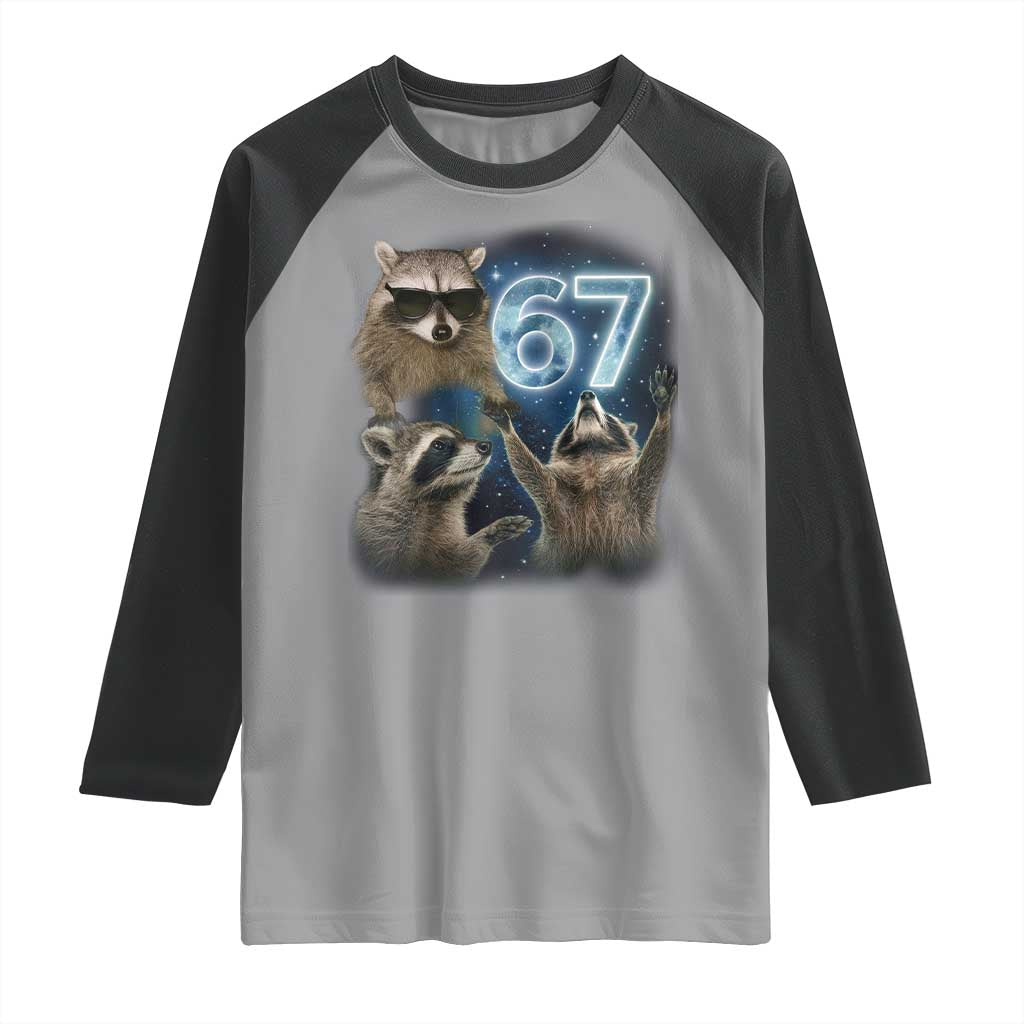 Funny 67 Raccoon Meme Raglan Shirt Howling at The Moon Funny Six Seven Weird Cursed - Wonder Print Shop