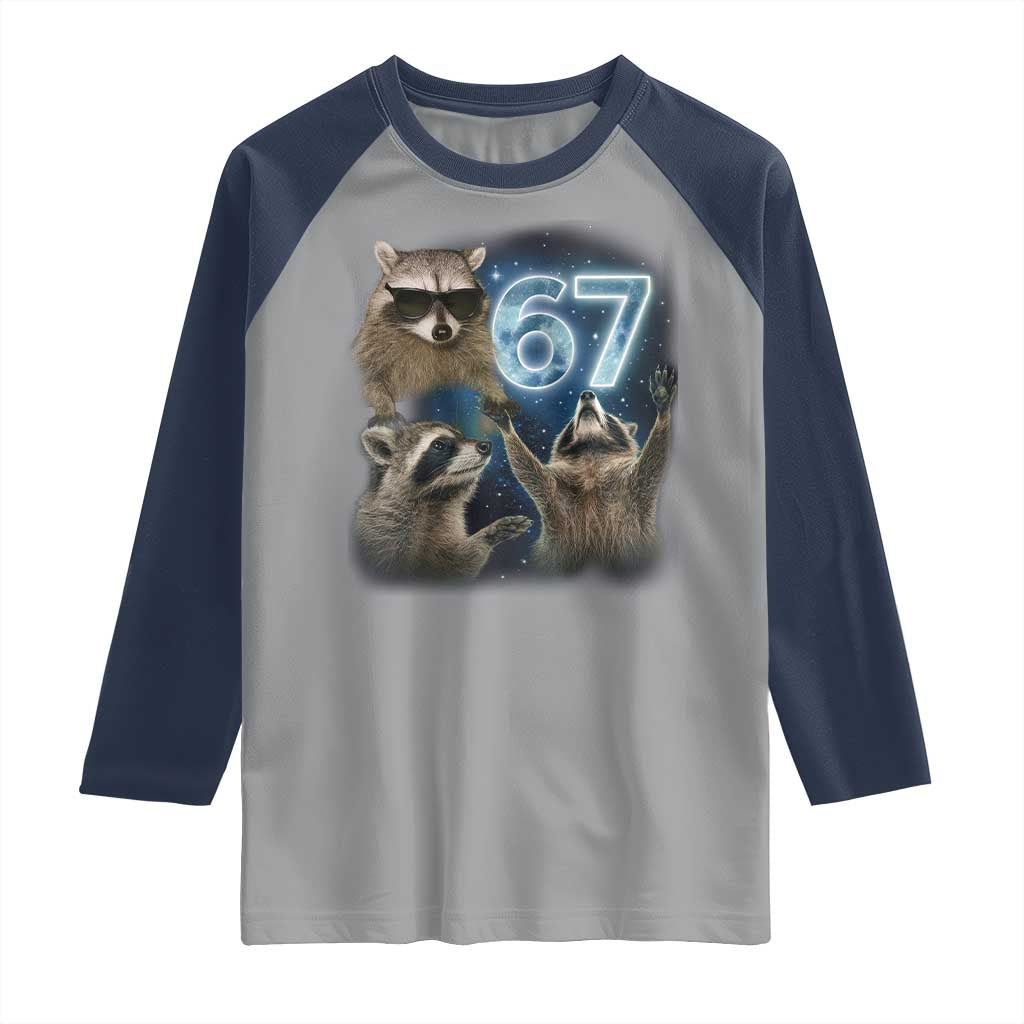 Funny 67 Raccoon Meme Raglan Shirt Howling at The Moon Funny Six Seven Weird Cursed - Wonder Print Shop