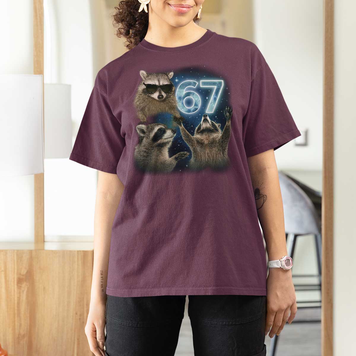 Funny 67 Raccoon Meme T Shirt For Women Howling at The Moon Funny Six Seven Weird Cursed - Wonder Print Shop