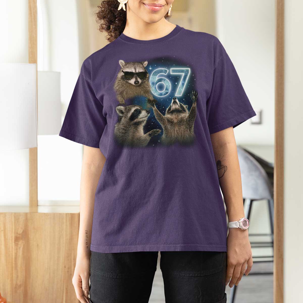Funny 67 Raccoon Meme T Shirt For Women Howling at The Moon Funny Six Seven Weird Cursed - Wonder Print Shop
