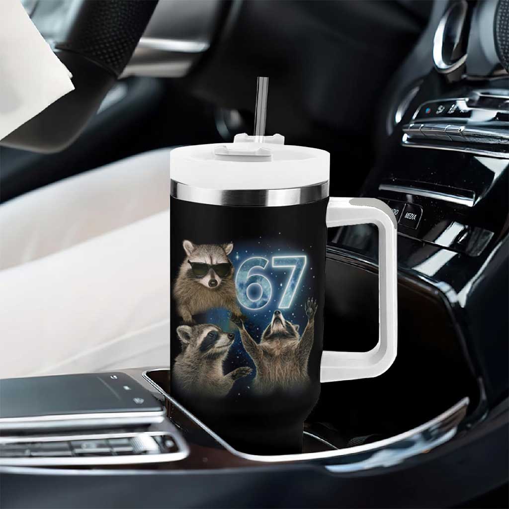 Funny 67 Raccoon Meme Tumbler With Handle Howling at The Moon Funny Six Seven Weird Cursed - Wonder Print Shop