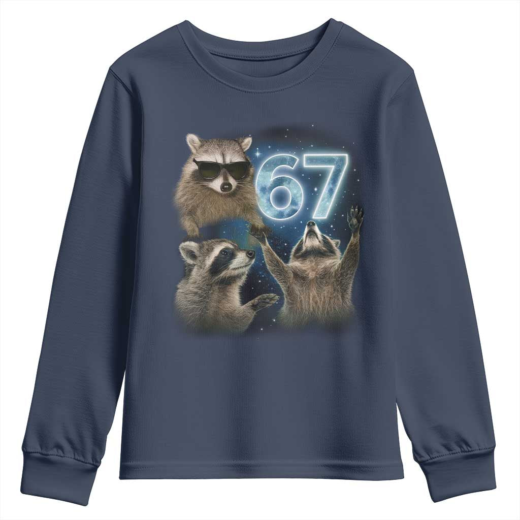 Funny 67 Raccoon Meme Youth Sweatshirt Howling at The Moon Funny Six Seven Weird Cursed - Wonder Print Shop