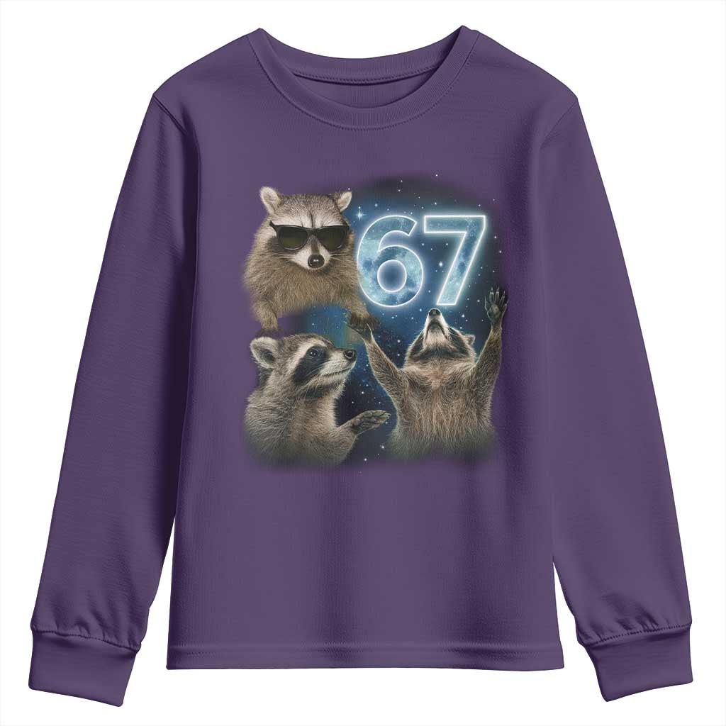 Funny 67 Raccoon Meme Youth Sweatshirt Howling at The Moon Funny Six Seven Weird Cursed - Wonder Print Shop