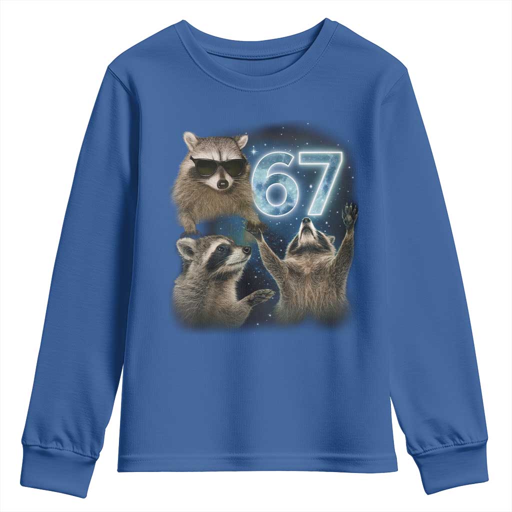 Funny 67 Raccoon Meme Youth Sweatshirt Howling at The Moon Funny Six Seven Weird Cursed - Wonder Print Shop