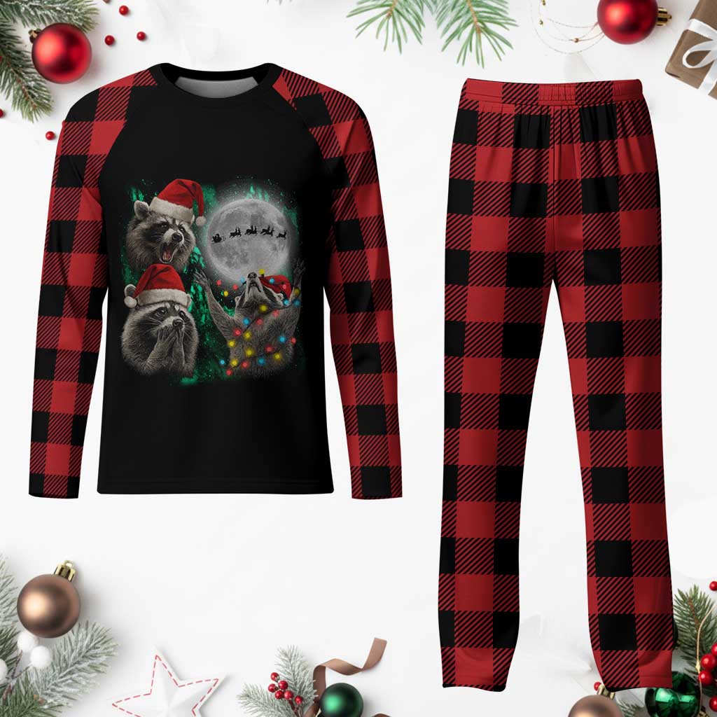 3 Raccoons Howling At Moon Christmas Plaid Pajama Set Funny Weird Cursed Meme - Wonder Print Shop
