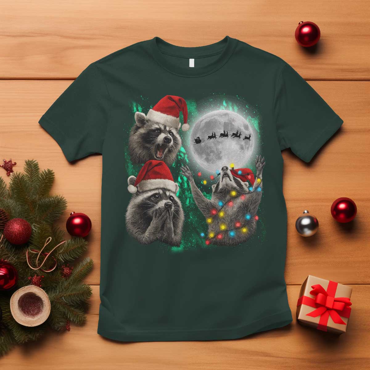 3 Raccoons Howling At Moon Christmas T Shirt Funny Weird Cursed Meme - Wonder Print Shop