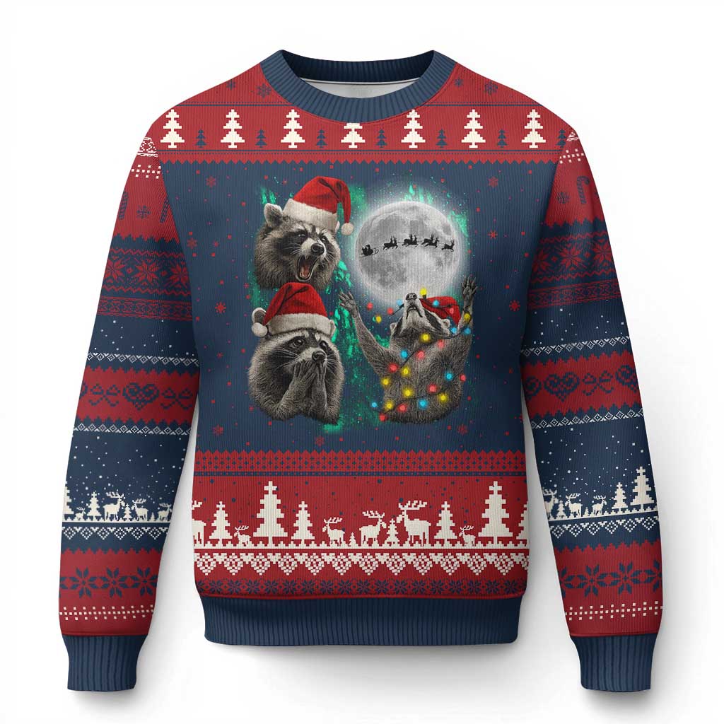 3 Raccoons Howling At Moon Xmas Ugly Christmas Sweater Funny Weird Cursed Meme - Wonder Print Shop