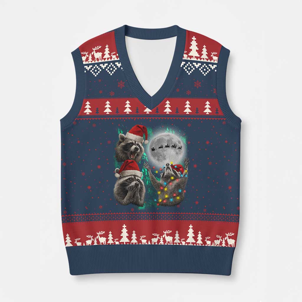3 Raccoons Howling At Moon Xmas V-Neck Knit Sweater Vest Funny Weird Cursed Meme - Wonder Print Shop