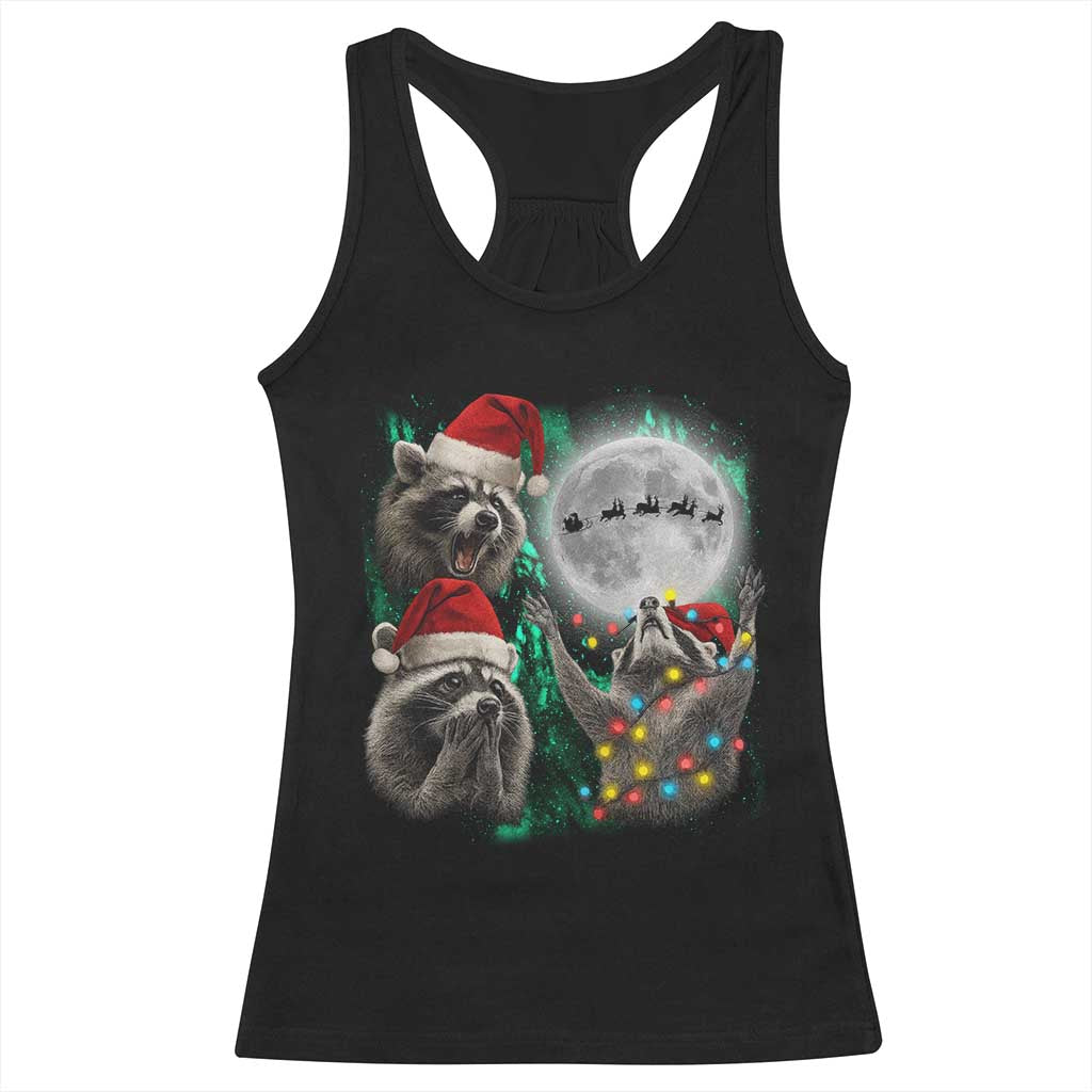 3 Raccoons Howling At Moon Christmas Racerback Tank Top Funny Weird Cursed Meme - Wonder Print Shop