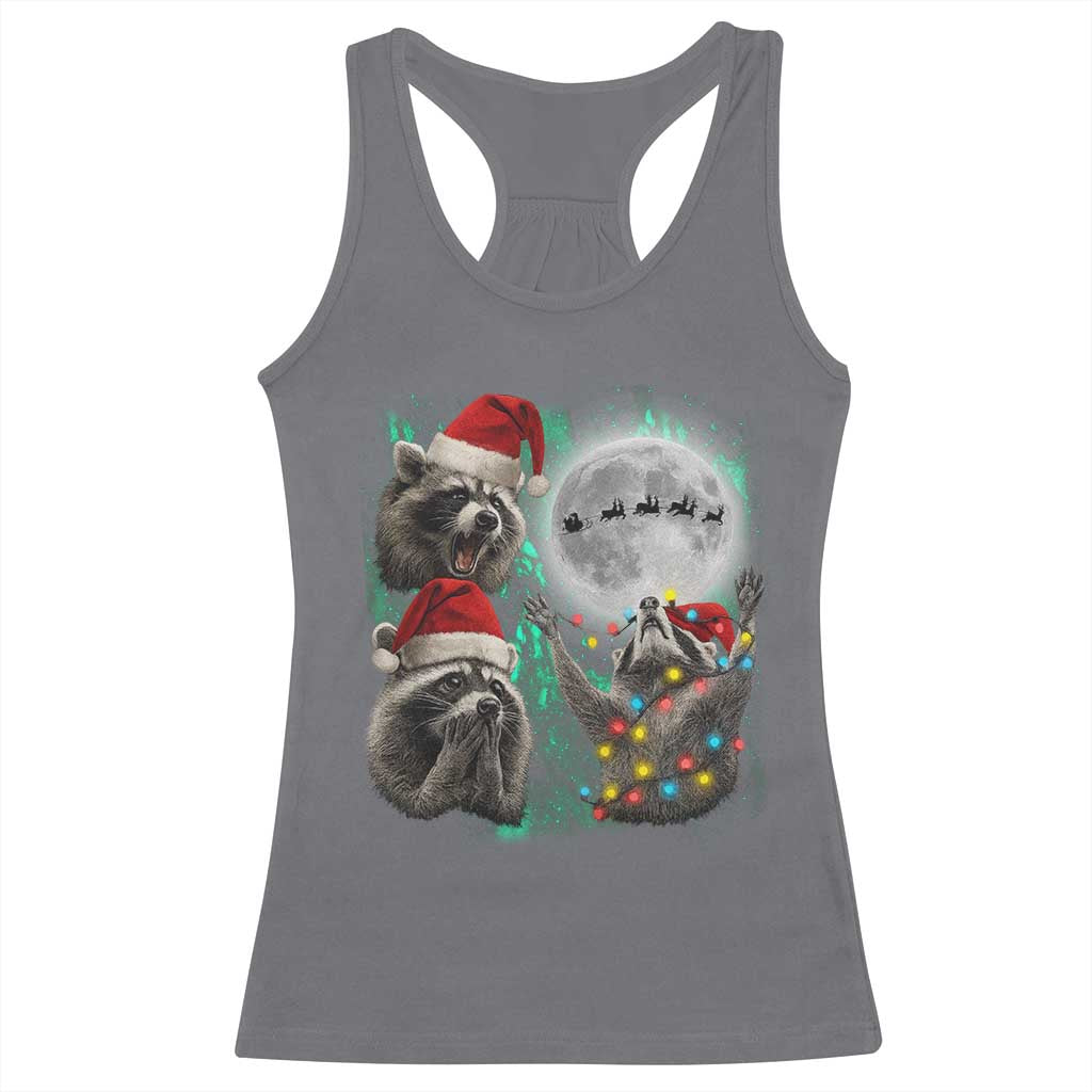 3 Raccoons Howling At Moon Christmas Racerback Tank Top Funny Weird Cursed Meme - Wonder Print Shop
