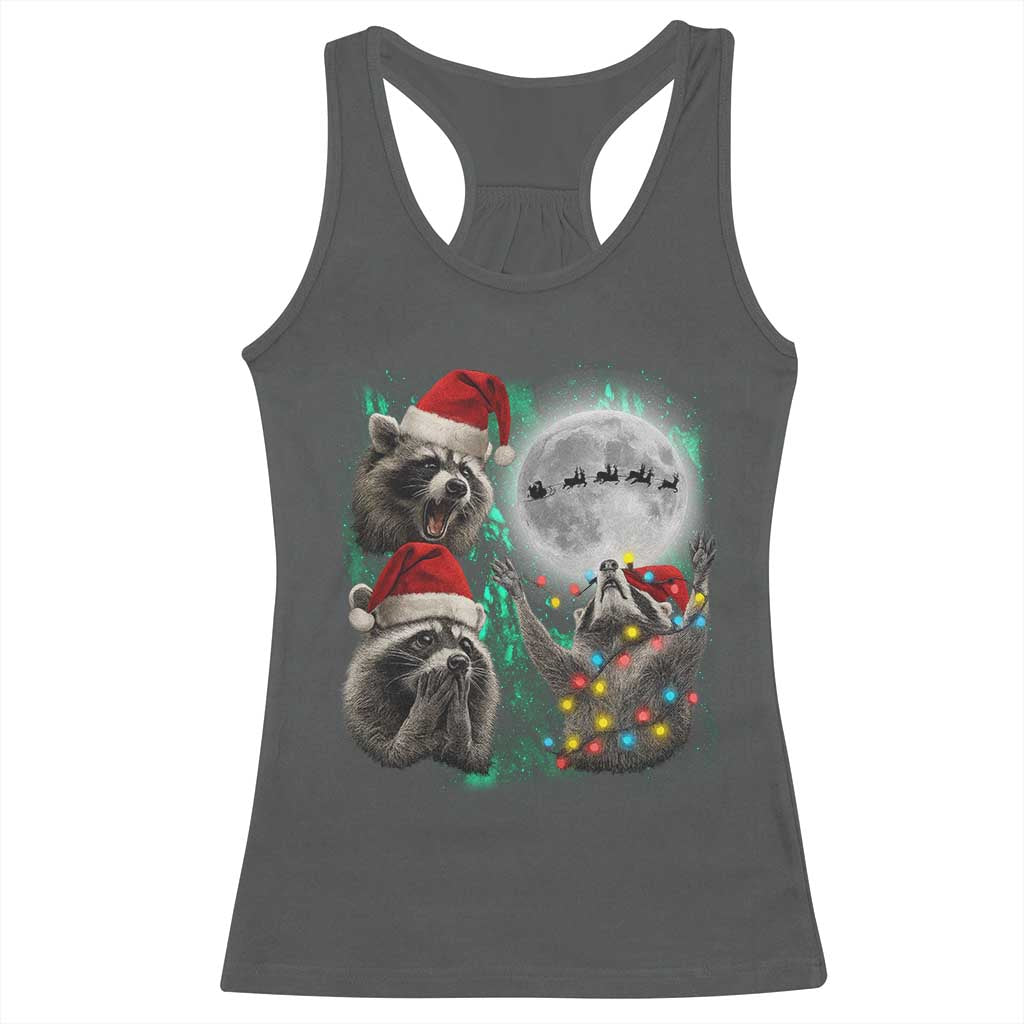 3 Raccoons Howling At Moon Christmas Racerback Tank Top Funny Weird Cursed Meme - Wonder Print Shop