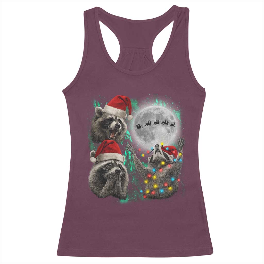 3 Raccoons Howling At Moon Christmas Racerback Tank Top Funny Weird Cursed Meme - Wonder Print Shop