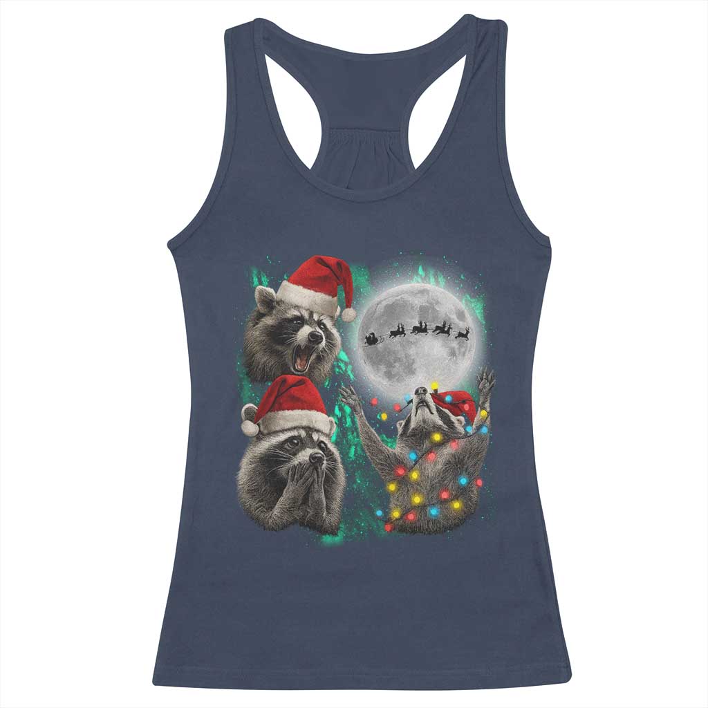 3 Raccoons Howling At Moon Christmas Racerback Tank Top Funny Weird Cursed Meme - Wonder Print Shop