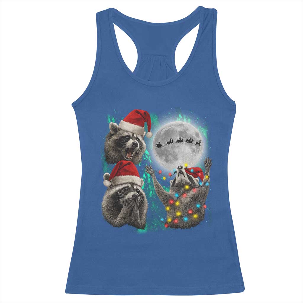 3 Raccoons Howling At Moon Christmas Racerback Tank Top Funny Weird Cursed Meme - Wonder Print Shop