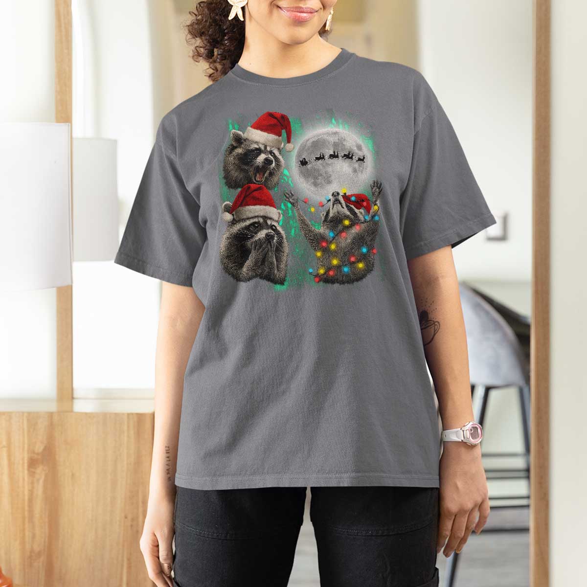 3 Raccoons Howling At Moon Christmas T Shirt For Women Funny Weird Cursed Meme - Wonder Print Shop