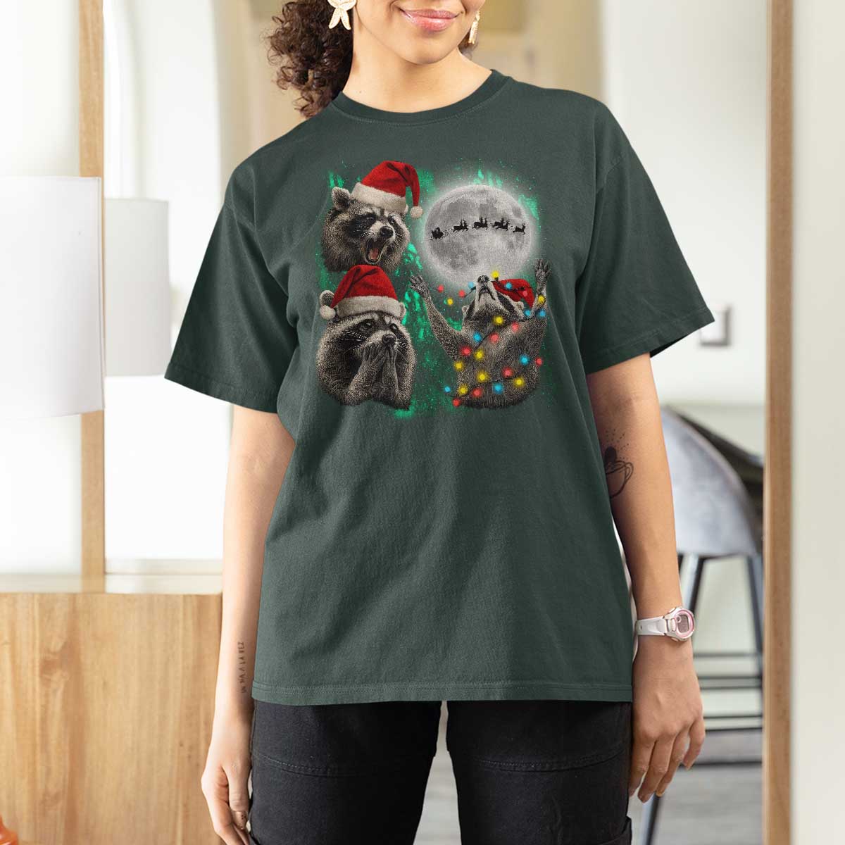 3 Raccoons Howling At Moon Christmas T Shirt For Women Funny Weird Cursed Meme - Wonder Print Shop