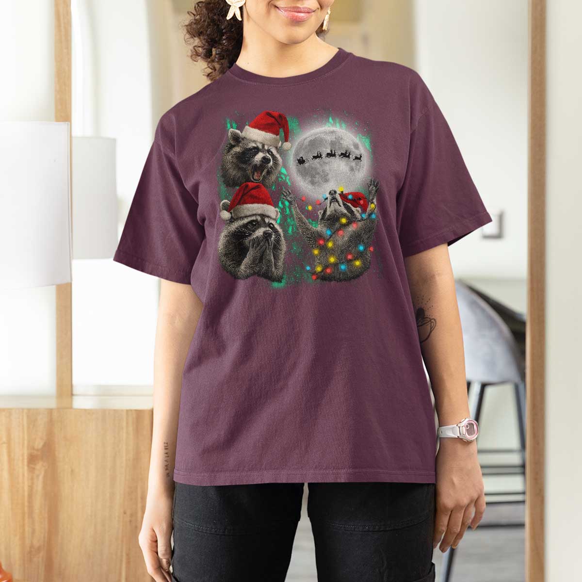 3 Raccoons Howling At Moon Christmas T Shirt For Women Funny Weird Cursed Meme - Wonder Print Shop
