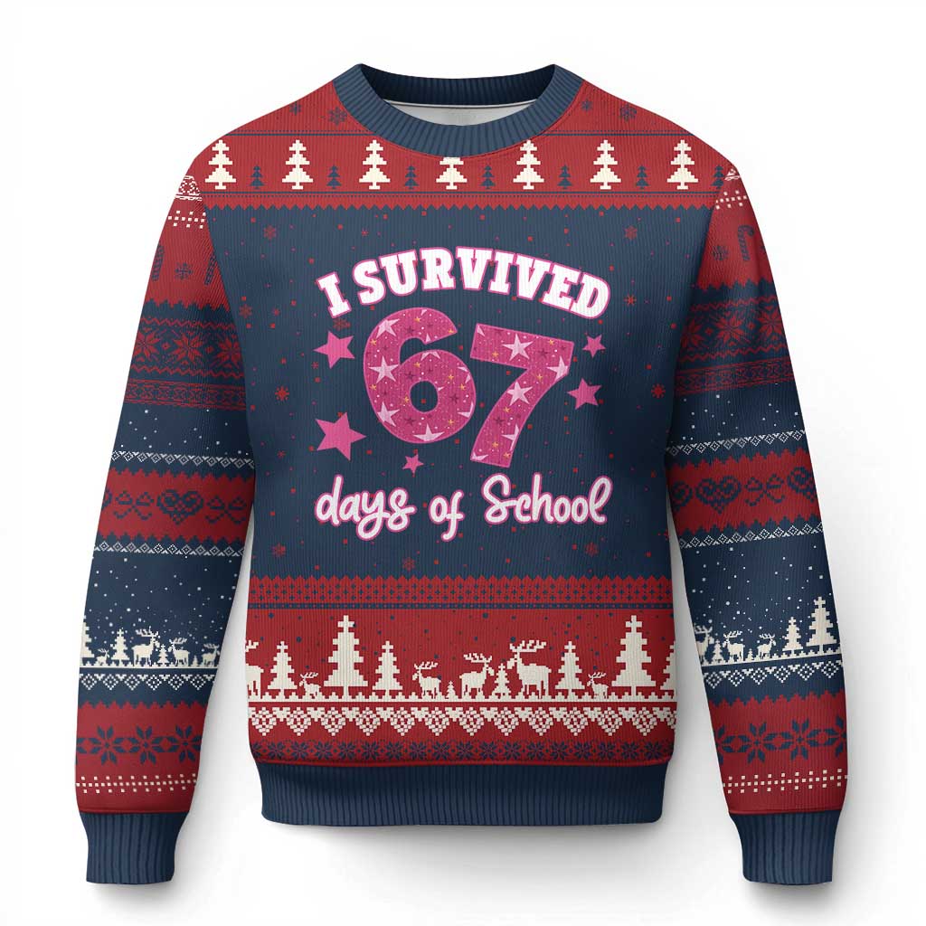 I Survived 67 Days Of School Ugly Christmas Sweater Funny Six Seven Teachers Students Meme Pink - Wonder Print Shop