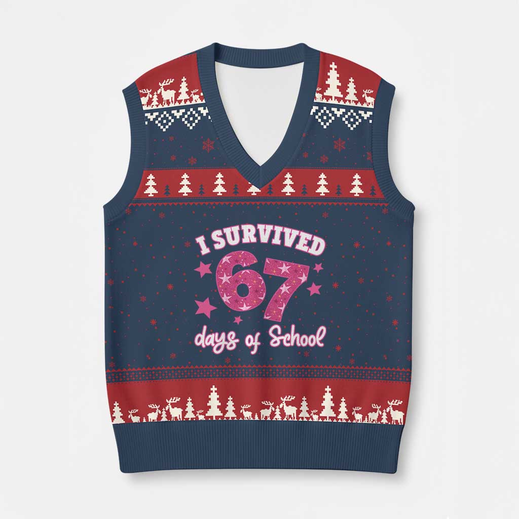 I Survived 67 Days Of School V-Neck Knit Sweater Vest Funny Six Seven Teachers Students Meme Pink - Wonder Print Shop