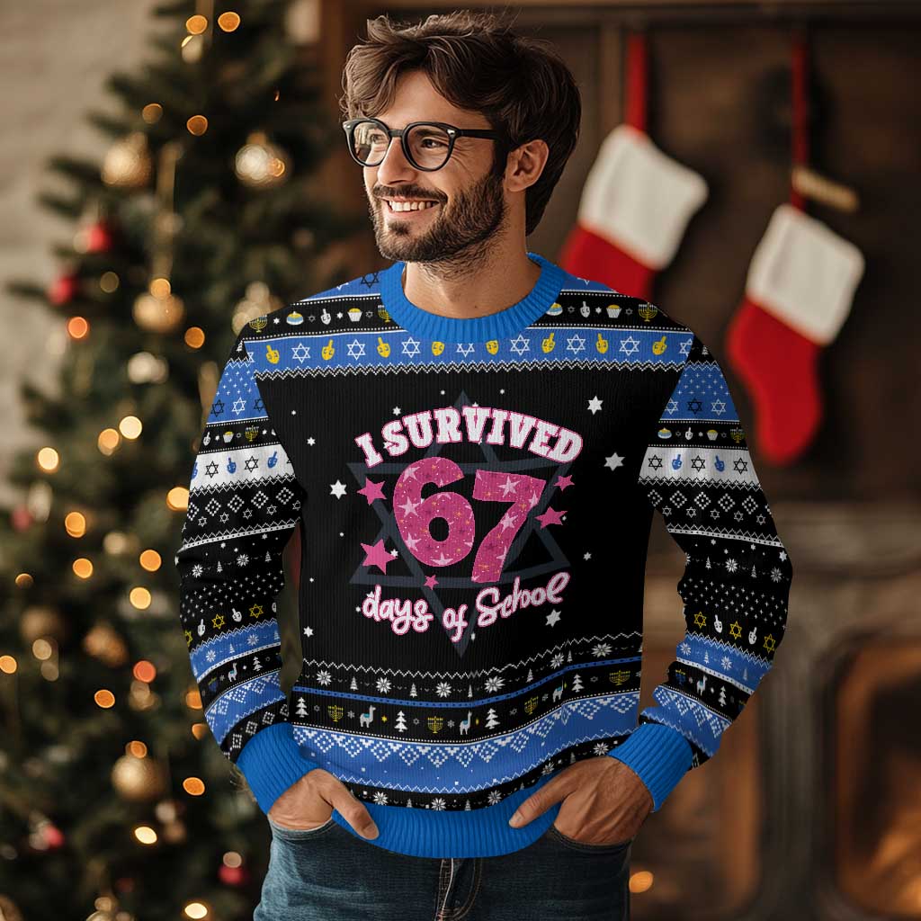 I Survived 67 Days Of School Hanukkah Ugly Sweater Funny Six Seven Teachers Students Meme Pink - Wonder Print Shop