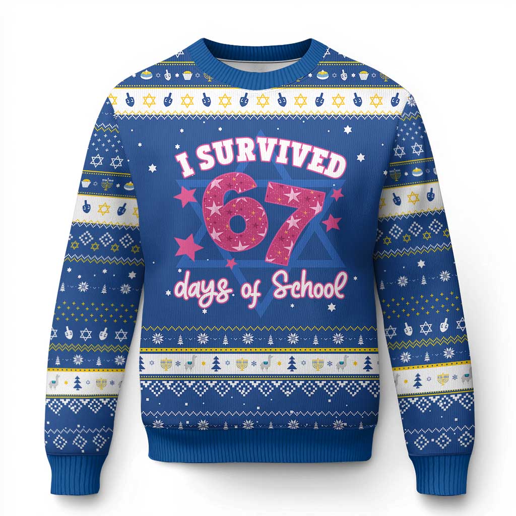 I Survived 67 Days Of School Hanukkah Ugly Sweater Funny Six Seven Teachers Students Meme Pink - Wonder Print Shop