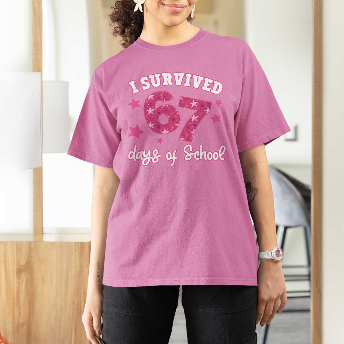 I Survived 67 Days Of School T Shirt For Women Funny Six Seven Teachers Students Meme Pink - Wonder Print Shop