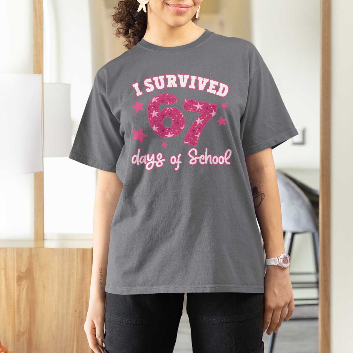 I Survived 67 Days Of School T Shirt For Women Funny Six Seven Teachers Students Meme Pink - Wonder Print Shop