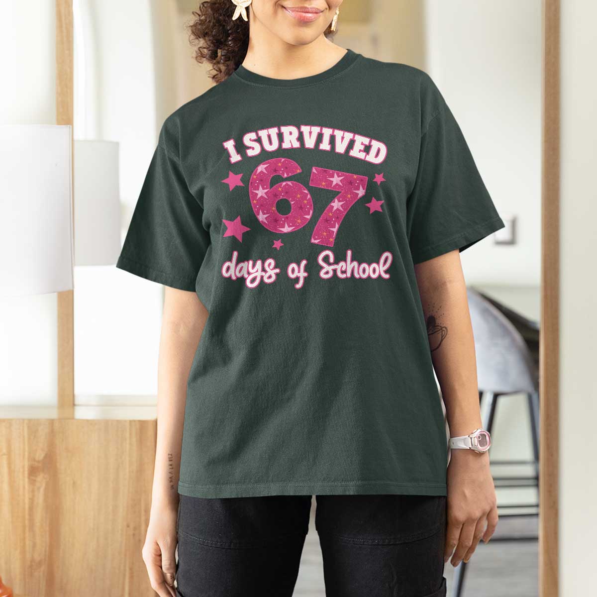 I Survived 67 Days Of School T Shirt For Women Funny Six Seven Teachers Students Meme Pink - Wonder Print Shop