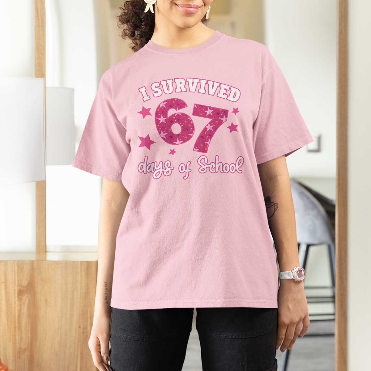 I Survived 67 Days Of School T Shirt For Women Funny Six Seven Teachers Students Meme Pink - Wonder Print Shop