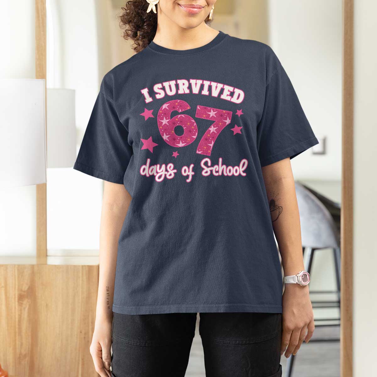 I Survived 67 Days Of School T Shirt For Women Funny Six Seven Teachers Students Meme Pink - Wonder Print Shop