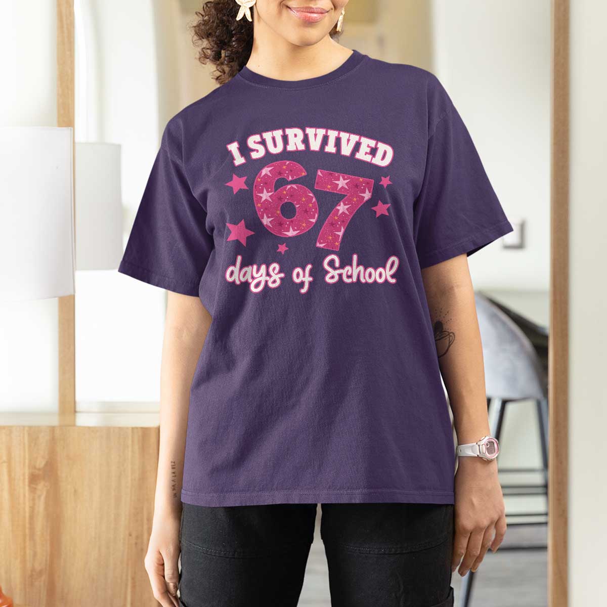 I Survived 67 Days Of School T Shirt For Women Funny Six Seven Teachers Students Meme Pink - Wonder Print Shop