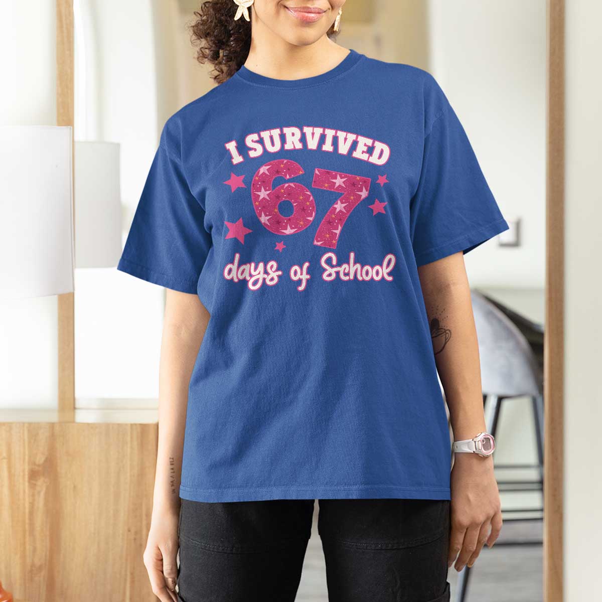 I Survived 67 Days Of School T Shirt For Women Funny Six Seven Teachers Students Meme Pink - Wonder Print Shop