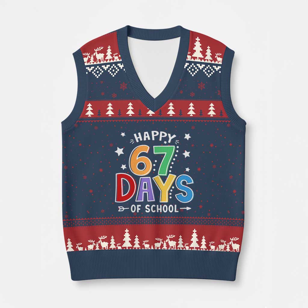 67 Days of School V-Neck Knit Sweater Vest Funny Meme Teacher Student 67th Day - Wonder Print Shop