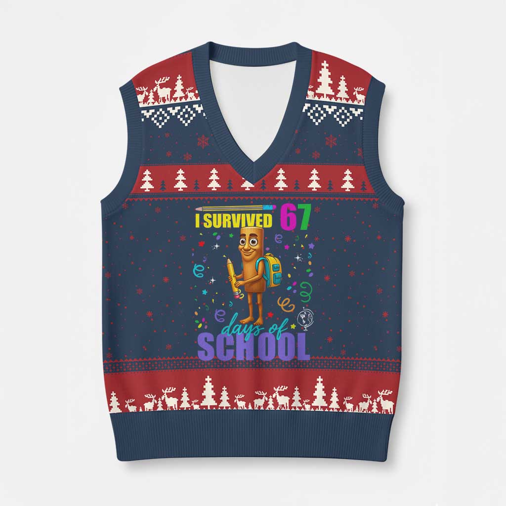 Tung Tung Tung Sahur I Survived 67 Days of School V-Neck Knit Sweater Vest Funny Six Seven 6 7 Meme Teacher Student - Wonder Print Shop