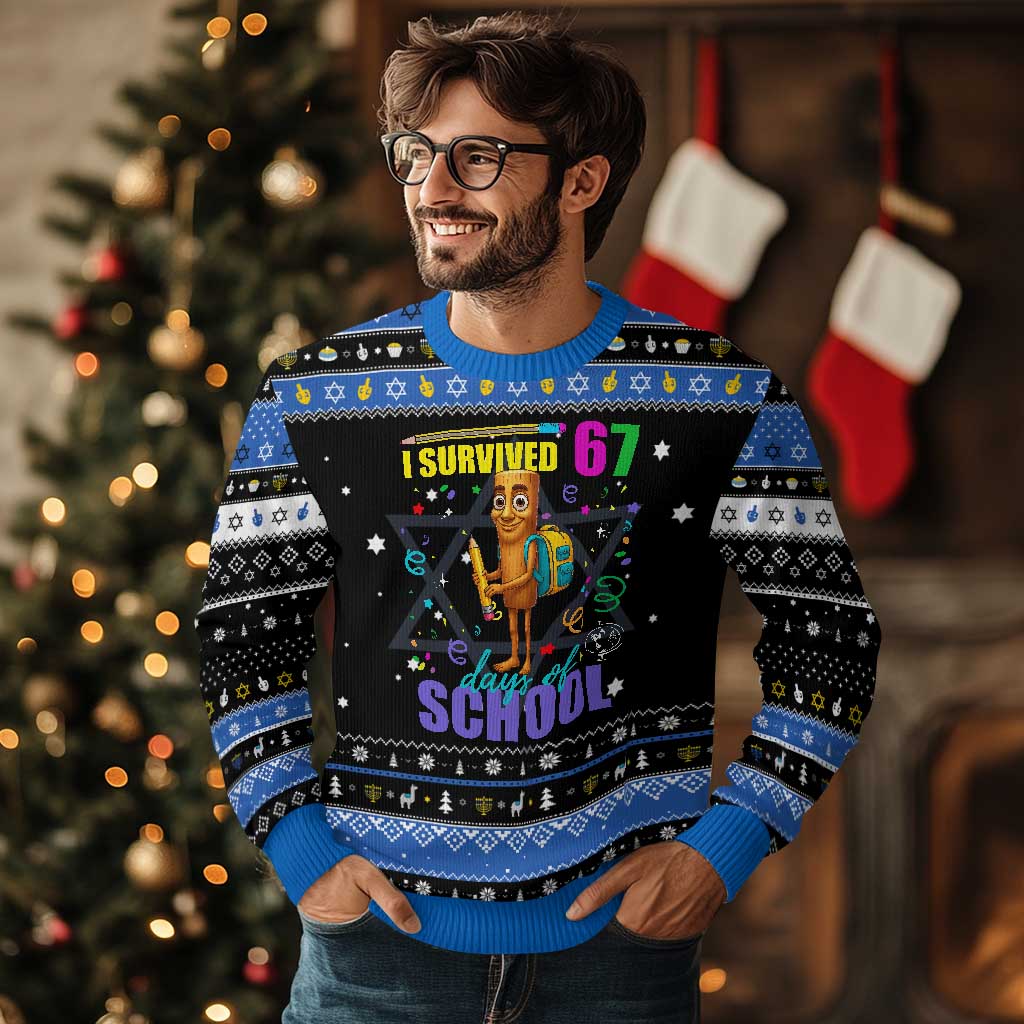 Tung Tung Tung Sahur I Survived 67 Days of School Hanukkah Ugly Sweater Funny Six Seven 6 7 Meme Teacher Student - Wonder Print Shop