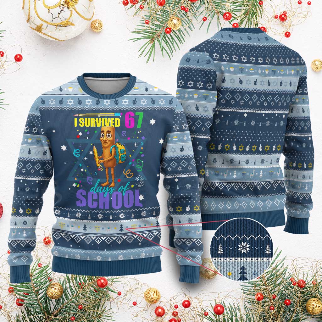 Tung Tung Tung Sahur I Survived 67 Days of School Hanukkah Ugly Sweater Funny Six Seven 6 7 Meme Teacher Student - Wonder Print Shop