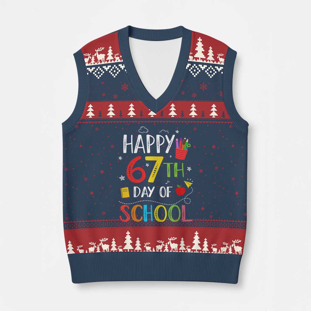67 Days of School V-Neck Knit Sweater Vest Happy 67th Day Of School Teachers Student Meme - Wonder Print Shop
