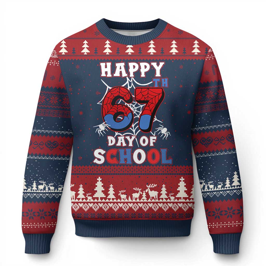 Happy 67th Day Of School Ugly Christmas Sweater Boys Girls Spider 67 Days - Wonder Print Shop