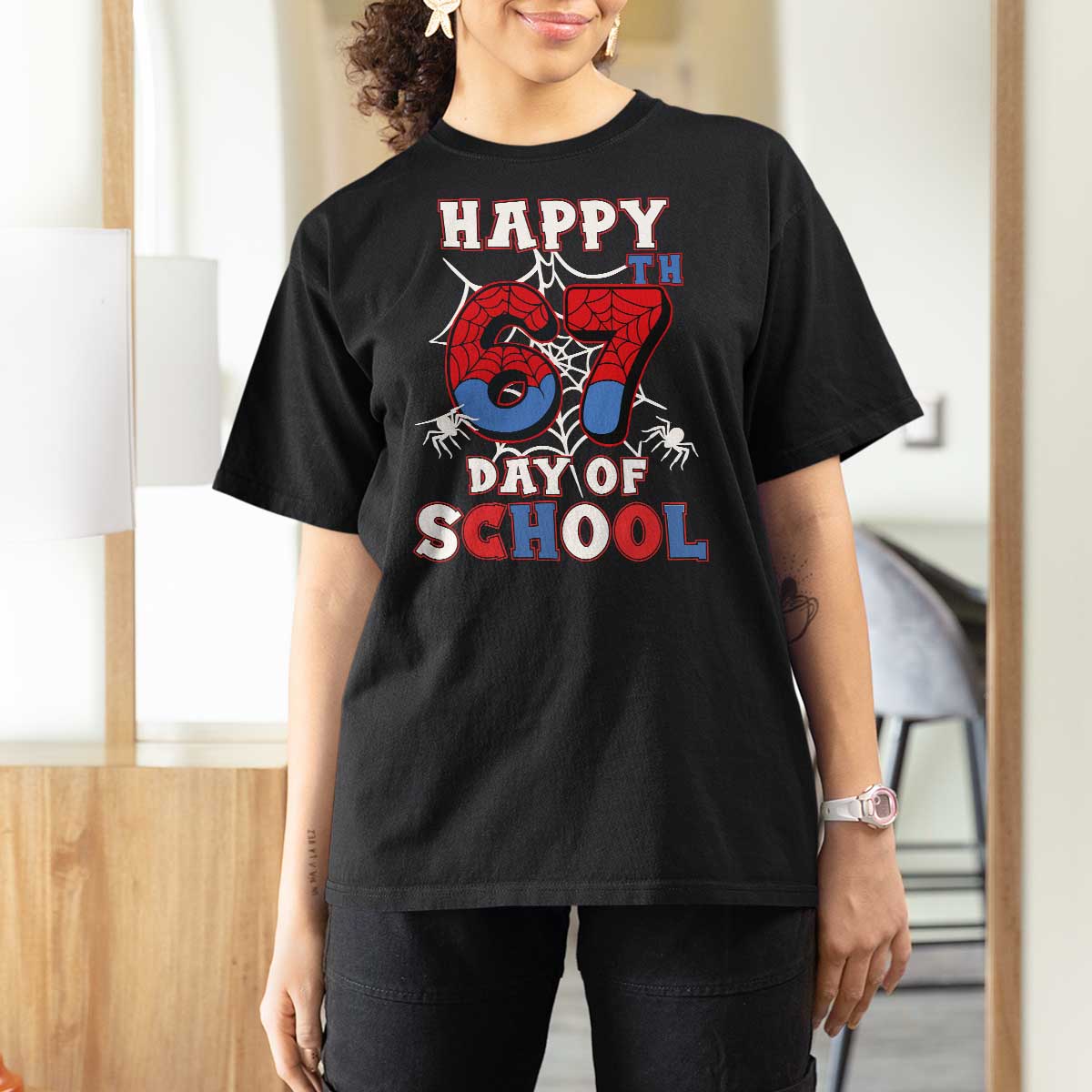 Happy 67th Day Of School T Shirt For Women Boys Girls Spider 67 Days - Wonder Print Shop