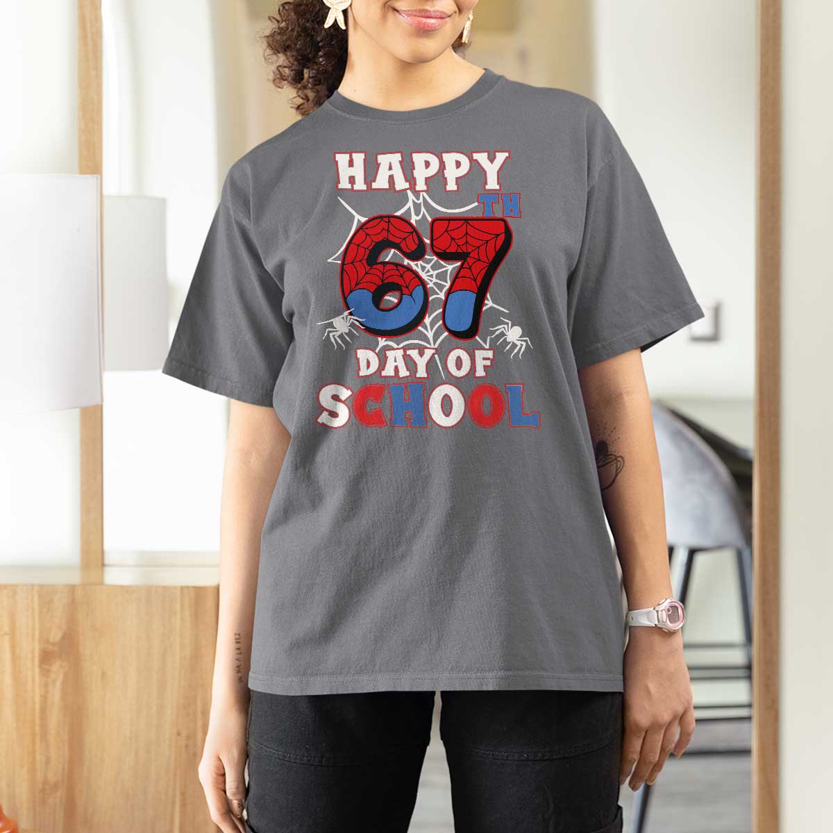 Happy 67th Day Of School T Shirt For Women Boys Girls Spider 67 Days - Wonder Print Shop