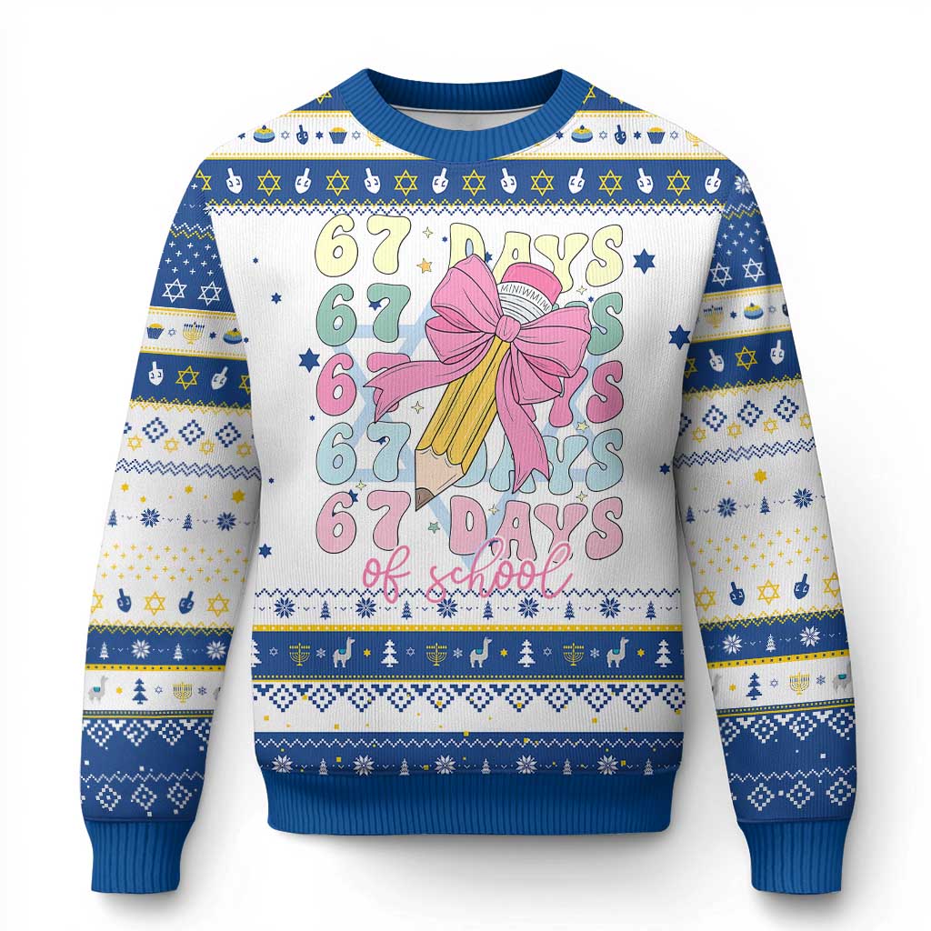 67 Days of School Coquette Bow Hanukkah Ugly Sweater Funny Six Seven Meme 67th Day Teacher Student - Wonder Print Shop